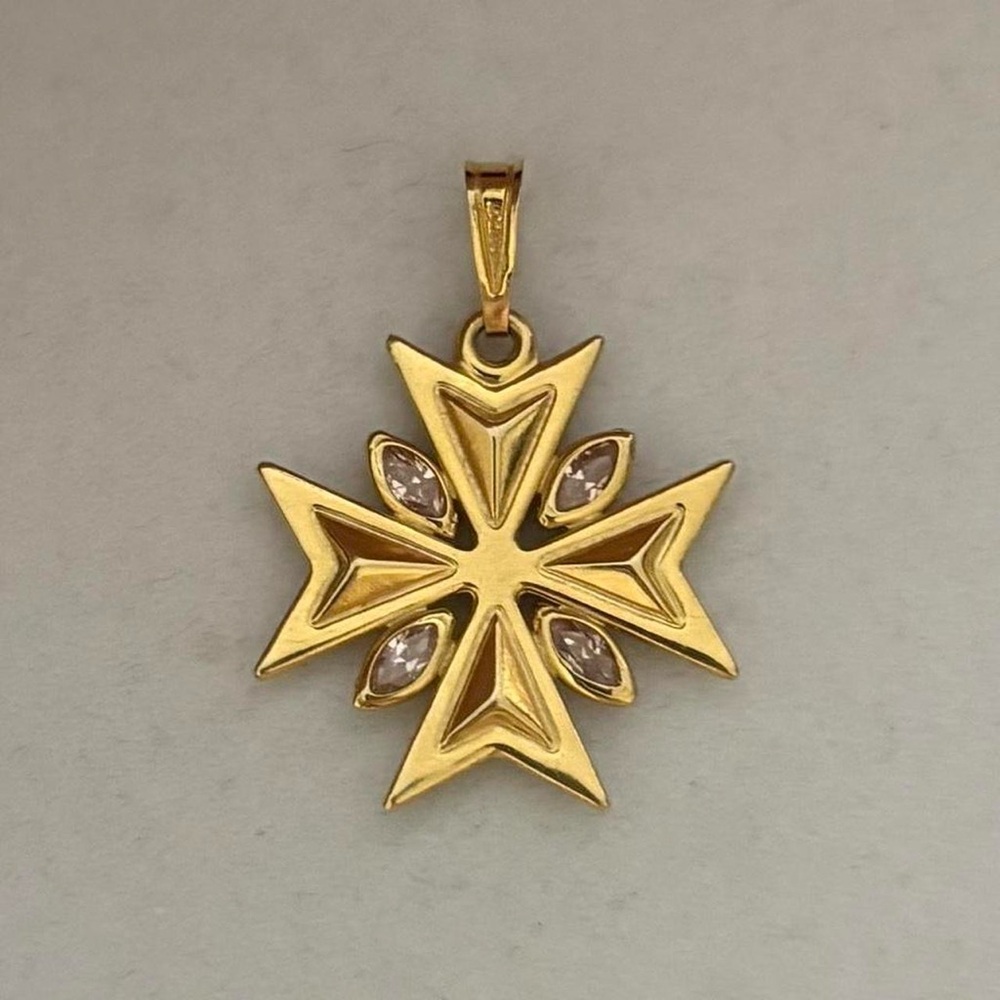 Vintage PAJ 9k Solid Gold Yellow Gold & Pink CZ Gems Maltese Cross Pendant Charm